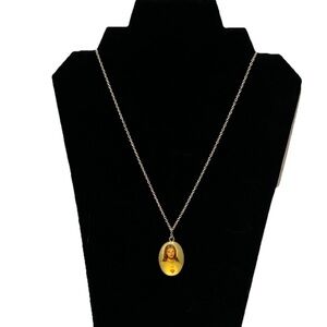 Vintage Sacred Heart of Jesus Oval Pendant On 14k Gold Plated Chain.
